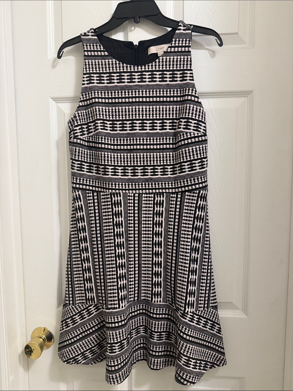 LOFT Black and White Geometric Sleeveless Fit-and-Flare Dress